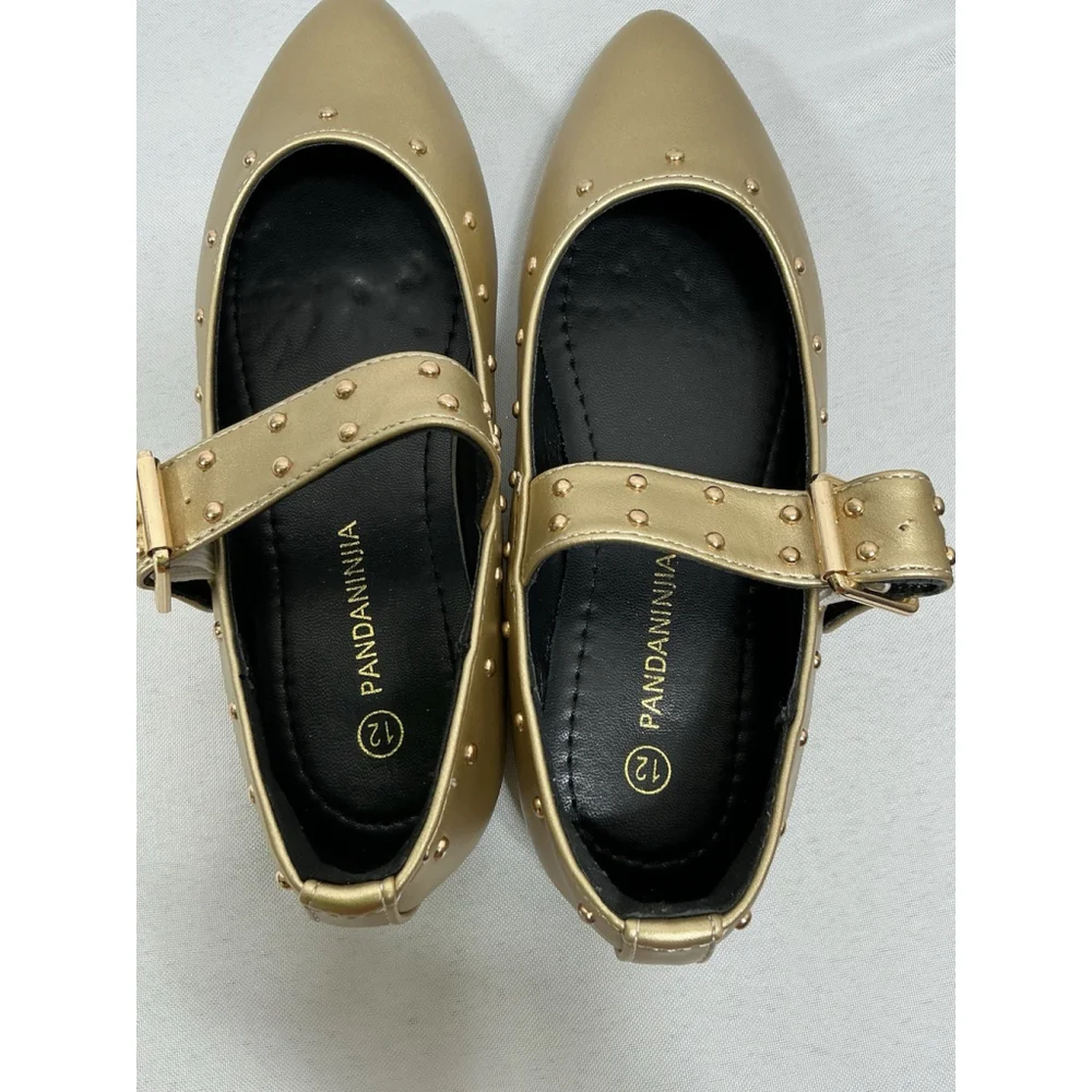 Girls NWOT Pandaninjia Party Shoes 12 Gold Studs Buckle Strap Almond Toe